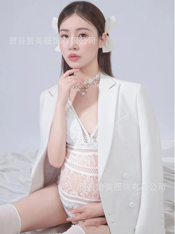 Mqtime  White Lace Fancy Maternity Bodysuit + Coat Photography Pregnancy Shoot Dresses Clothes Pregnant Women Sexy Maxi Gown Photo Props